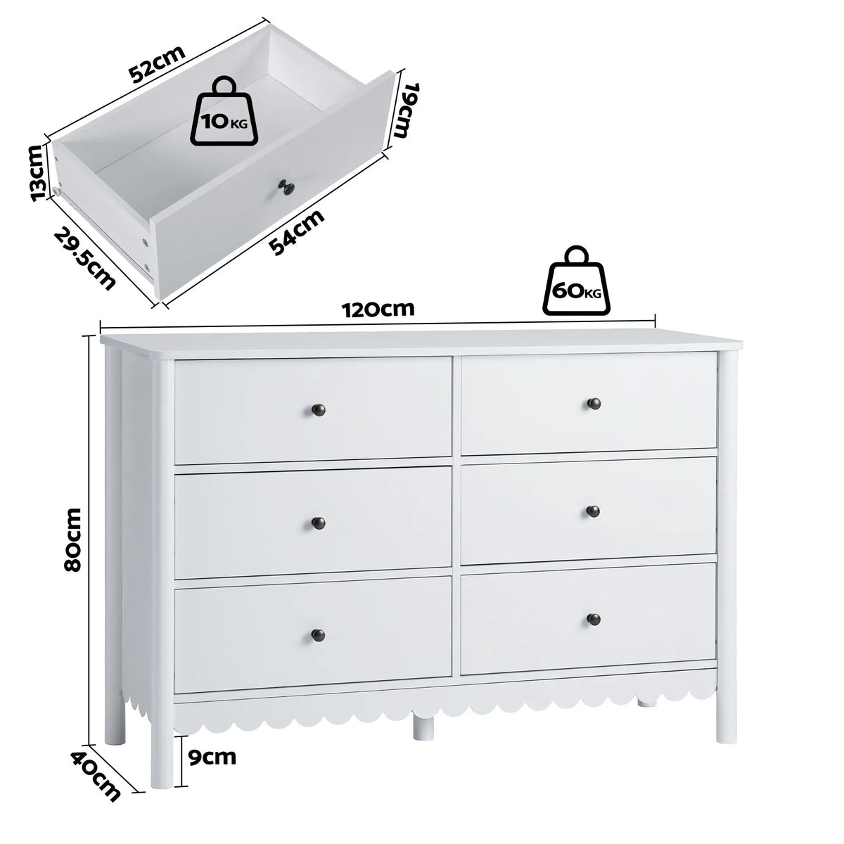 Artiss 6 Chest of Drawers Dresser Lowboy Curved Edge Scalloped White Bedroom - Image 4