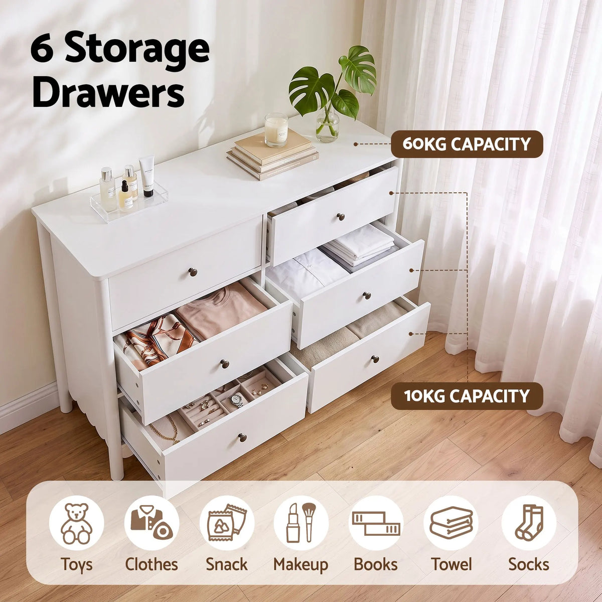 Artiss 6 Chest of Drawers Dresser Lowboy Curved Edge Scalloped White Bedroom - Image 6