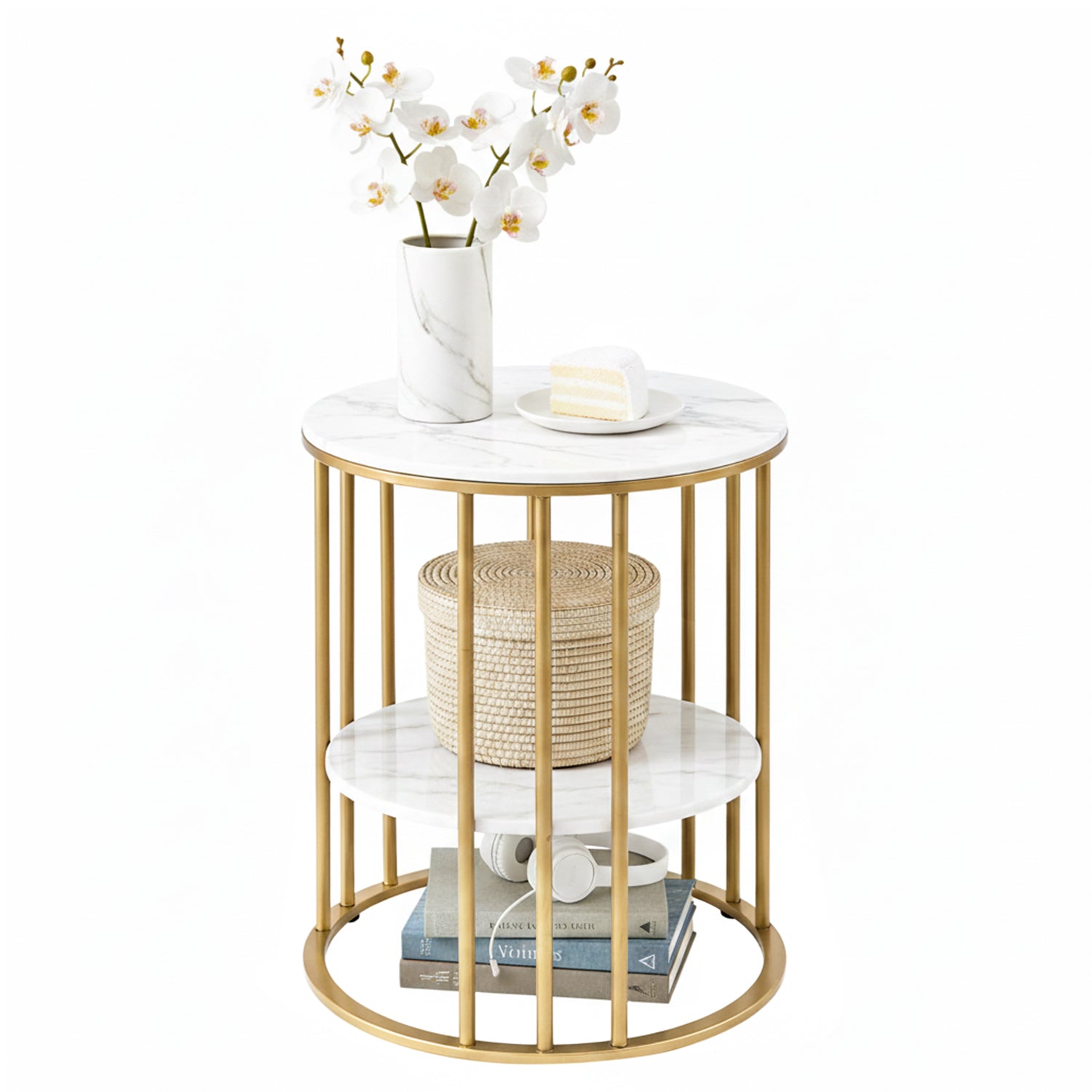 Artiss Coffee Table 2-Tier Round Marble Effect White&Gold - Image 7