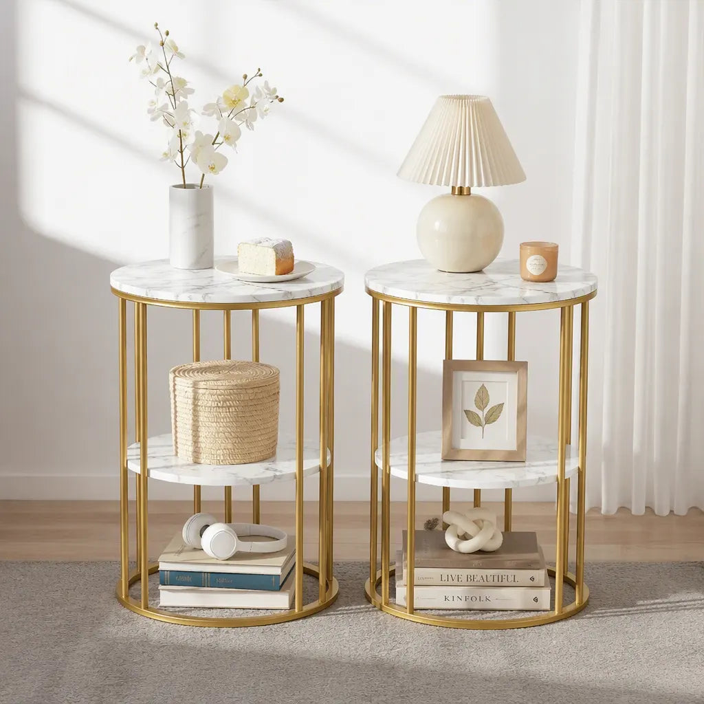 Artiss Side Table Set of 2 Marble Effect Round Coffee Table 2 Tier End Bedside Table Nightstand White&Gold
