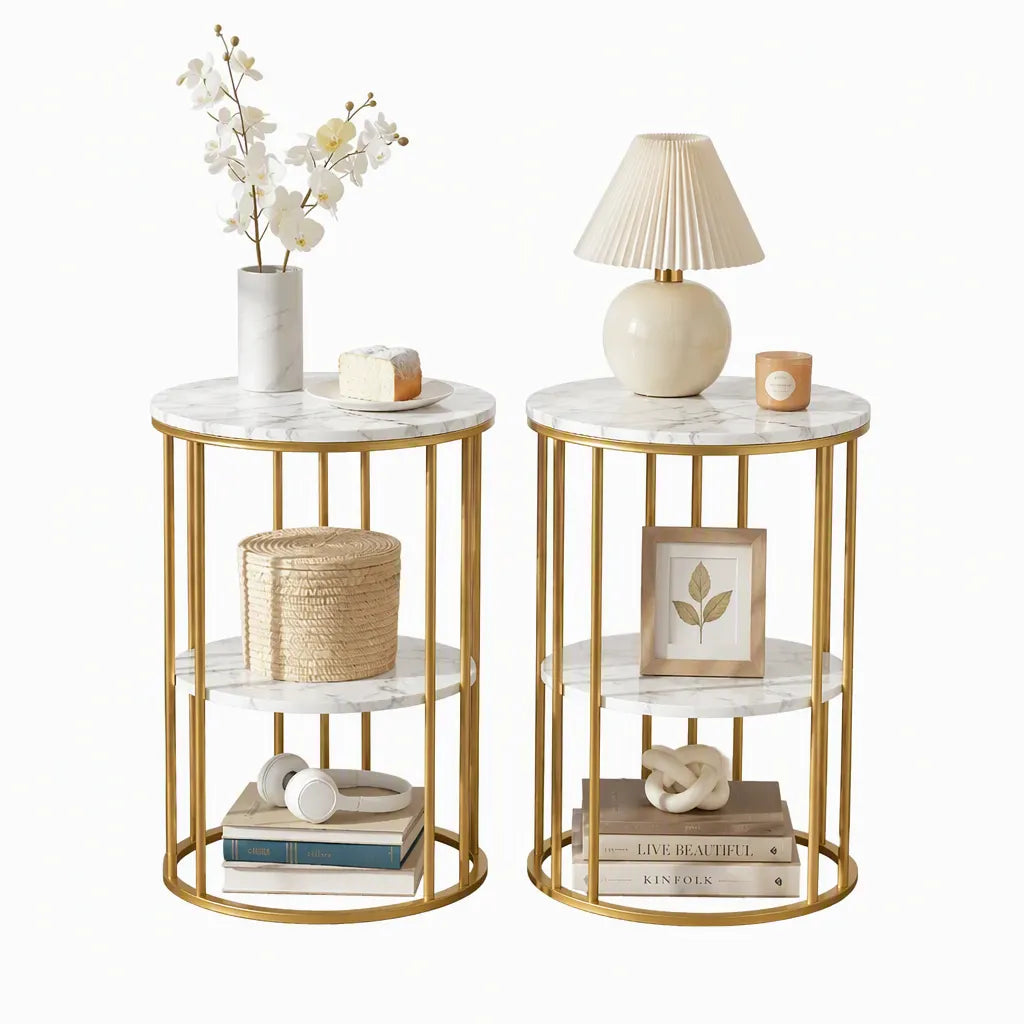 Artiss Side Table Set of 2 Marble Effect Round Coffee Table 2 Tier End Bedside Table Nightstand White&Gold - Image 2