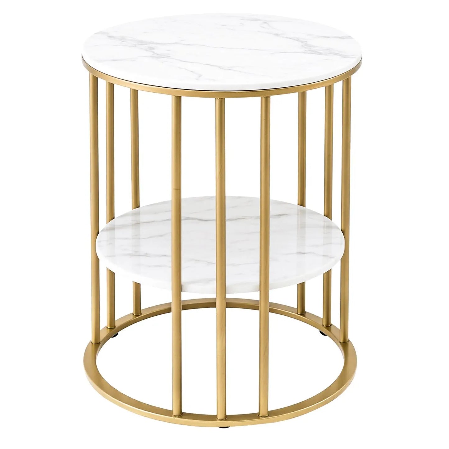 Artiss Side Table Set of 2 Marble Effect Round Coffee Table 2 Tier End Bedside Table Nightstand White&Gold - Image 4