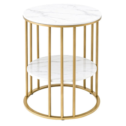 Artiss Side Table Set of 2 Marble Effect Round Coffee Table 2 Tier End Bedside Table Nightstand White&Gold - Image 4