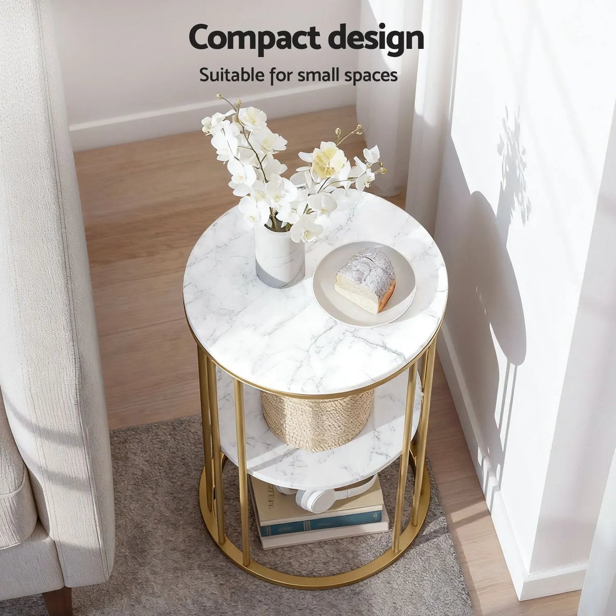 Artiss Side Table Set of 2 Marble Effect Round Coffee Table 2 Tier End Bedside Table Nightstand White&Gold - Image 6