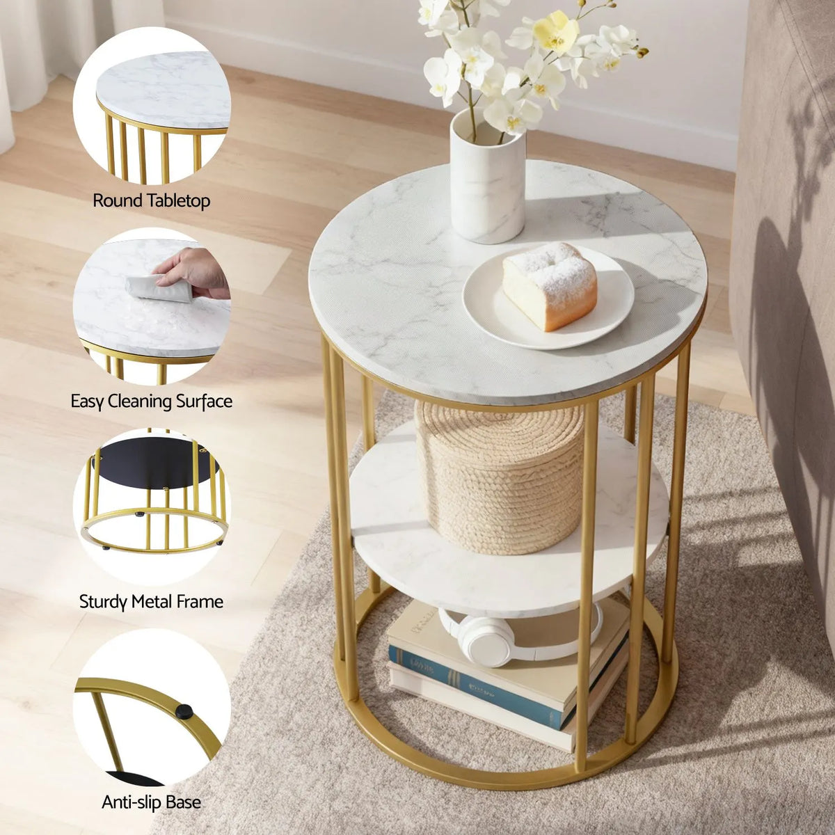Artiss Side Table Set of 2 Marble Effect Round Coffee Table 2 Tier End Bedside Table Nightstand White&Gold - Image 7