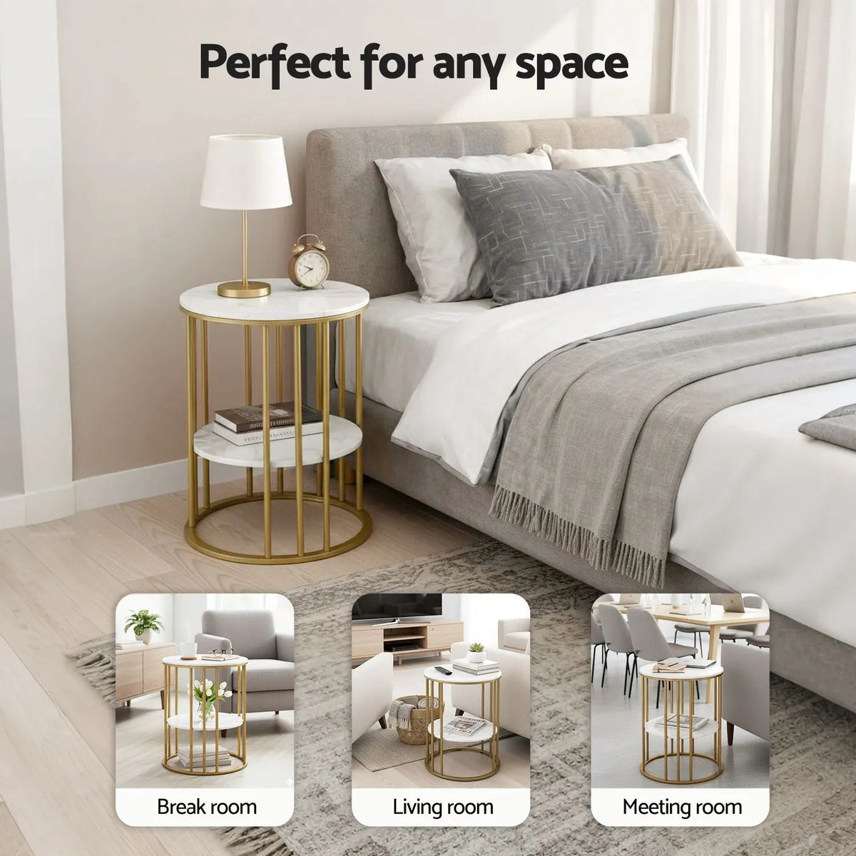 Artiss Side Table Set of 2 Marble Effect Round Coffee Table 2 Tier End Bedside Table Nightstand White&Gold - Image 8