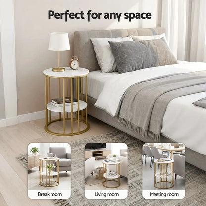 Artiss Side Table Set of 2 Marble Effect Round Coffee Table 2 Tier End Bedside Table Nightstand White&Gold - Image 8