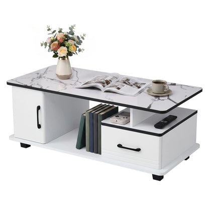 Artiss Coffee Table Marble Finish Center Table with Storage Drawer Cabinet Wood White - Image 2