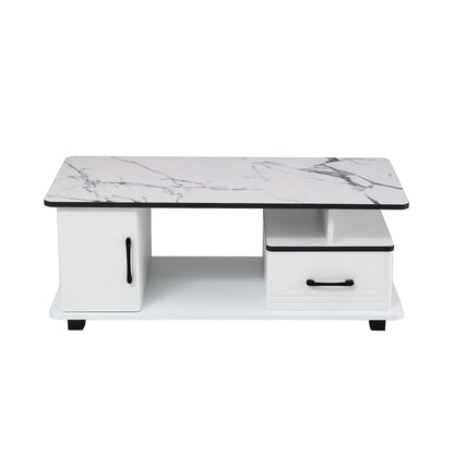 Artiss Coffee Table Marble Finish Center Table with Storage Drawer Cabinet Wood White - Image 3