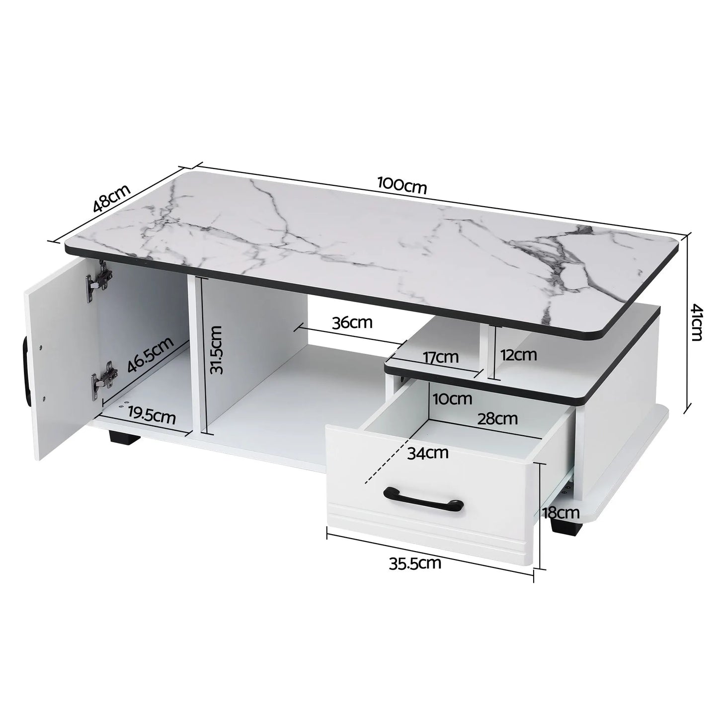 Artiss Coffee Table Marble Finish Center Table with Storage Drawer Cabinet Wood White - Image 4