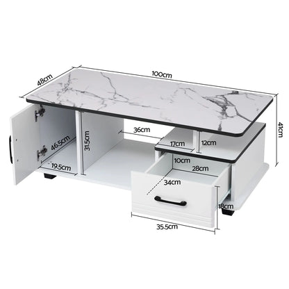 Artiss Coffee Table Marble Finish Center Table with Storage Drawer Cabinet Wood White - Image 4