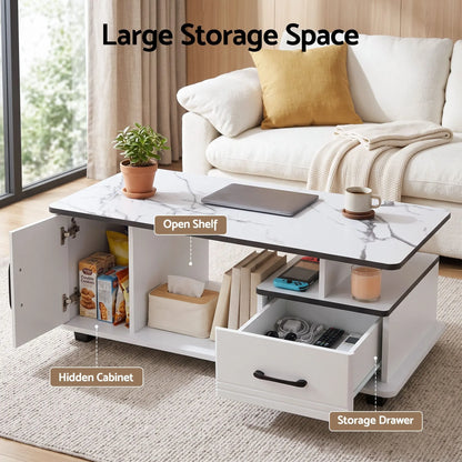 Artiss Coffee Table Marble Finish Center Table with Storage Drawer Cabinet Wood White - Image 5