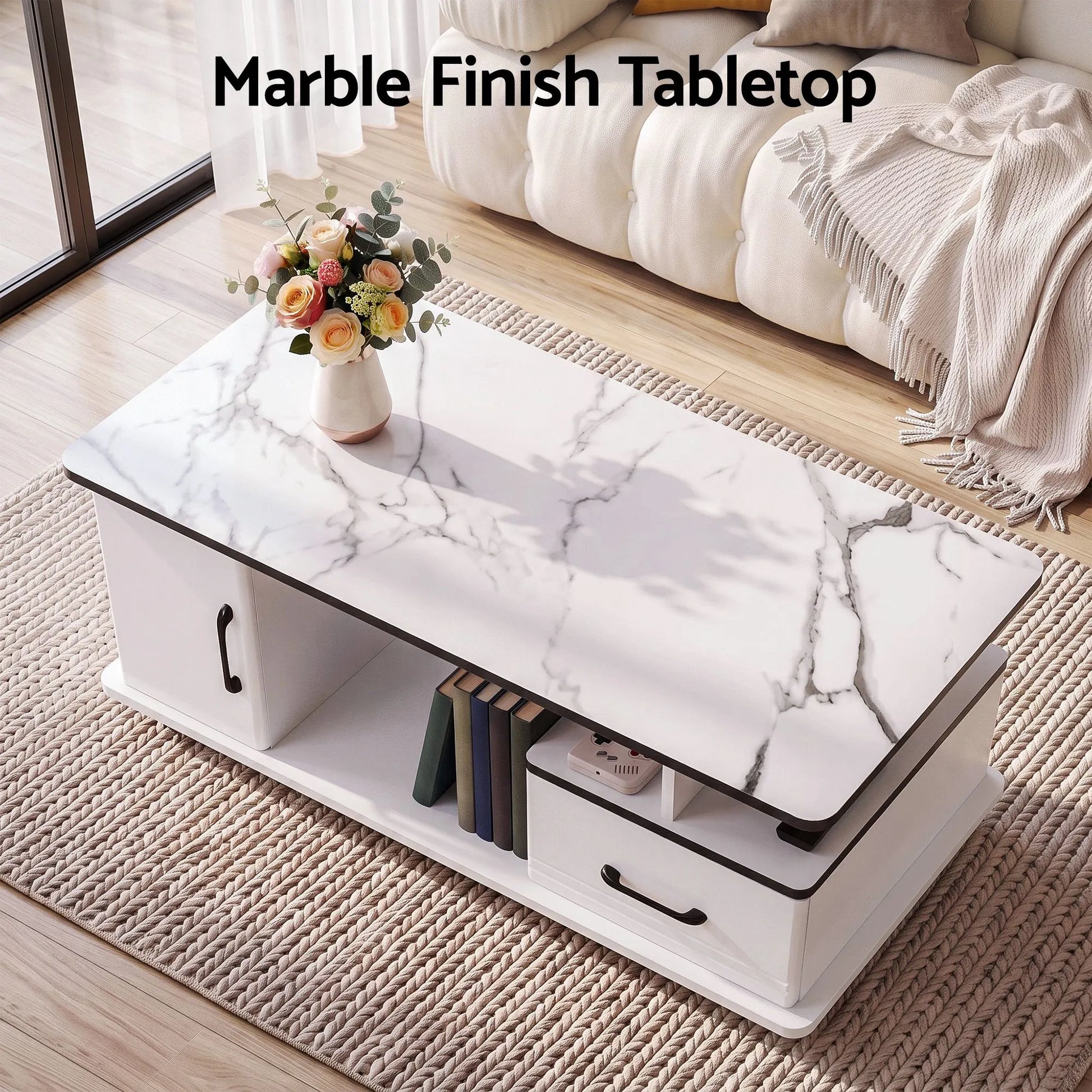 Artiss Coffee Table Marble Finish Center Table with Storage Drawer Cabinet Wood White - Image 6