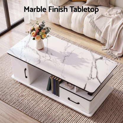Artiss Coffee Table Marble Finish Center Table with Storage Drawer Cabinet Wood White - Image 6