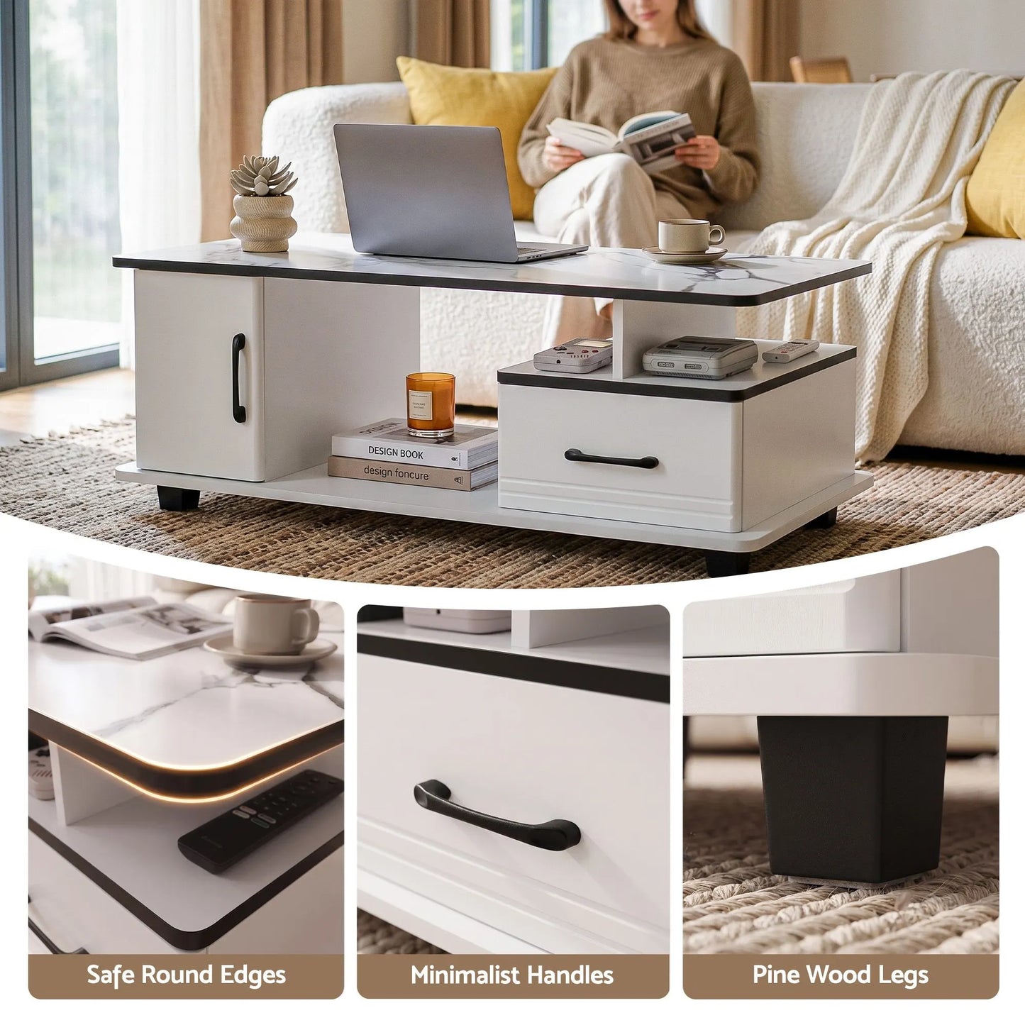 Artiss Coffee Table Marble Finish Center Table with Storage Drawer Cabinet Wood White - Image 7