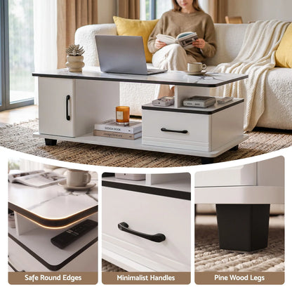 Artiss Coffee Table Marble Finish Center Table with Storage Drawer Cabinet Wood White - Image 7