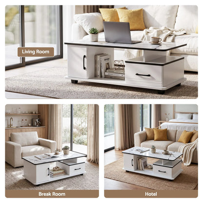Artiss Coffee Table Marble Finish Center Table with Storage Drawer Cabinet Wood White - Image 9