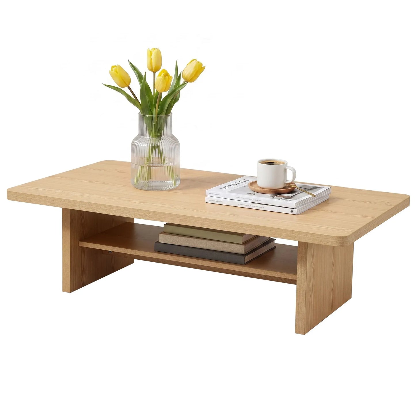 Artiss Coffee Table 110cm Center Table with 2-Tier Open Storage Shelf Wood - Image 2