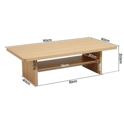 Artiss Coffee Table 110cm Center Table with 2-Tier Open Storage Shelf Wood - Image 3