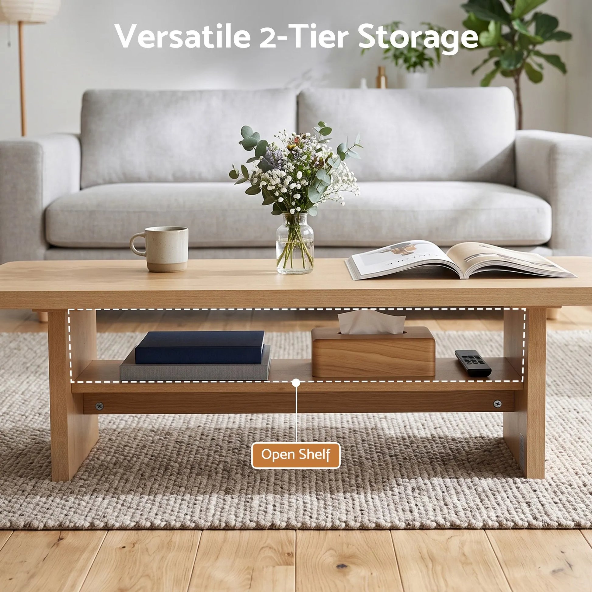 Artiss Coffee Table 110cm Center Table with 2-Tier Open Storage Shelf Wood - Image 6