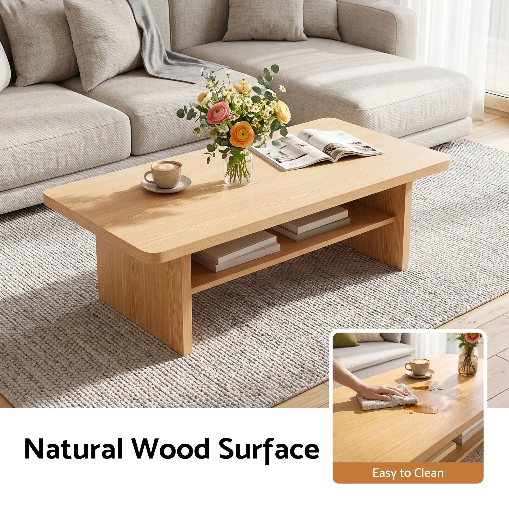 Artiss Coffee Table 110cm Center Table with 2-Tier Open Storage Shelf Wood - Image 7