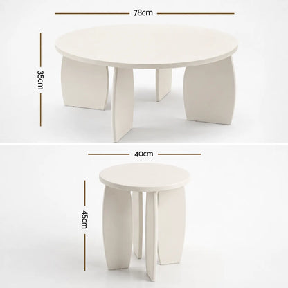 Artiss Coffee Table Set of 2 High Gloss Round Side Bedside Table Wood Living Room Cream - Image 2
