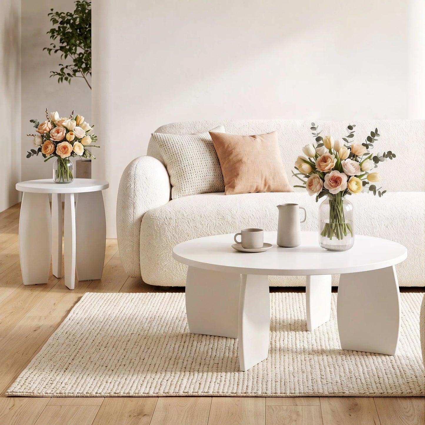 Artiss Coffee Table Set of 2 High Gloss Round Side Bedside Table Wood Living Room Cream - Image 7