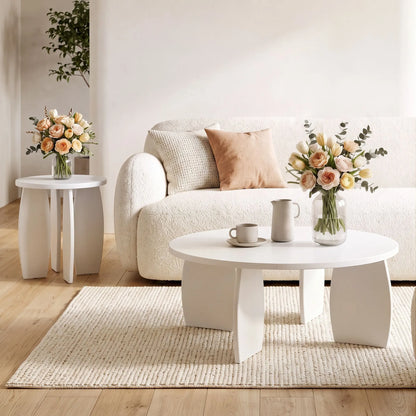 Artiss Coffee Table Set of 2 High Gloss Round Side Bedside Table Wood Living Room Cream - Image 7