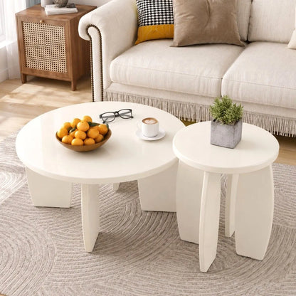 Artiss Coffee Table Set of 2 High Gloss Round Side Bedside Table Wood Living Room Cream - Image 8