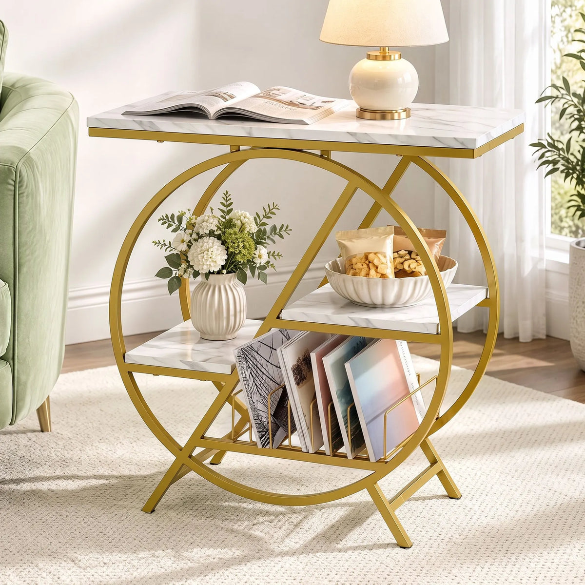 Artiss Side Table Marble Finish Coffee Table Nightstand Storage Shelf White&Gold