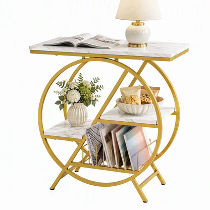 Artiss Side Table Marble Finish Coffee Table Nightstand Storage Shelf White&Gold - Image 3