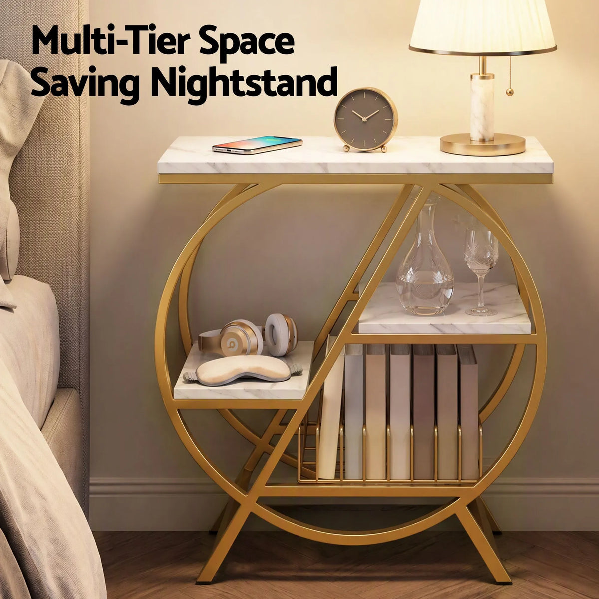 Artiss Side Table Marble Finish Coffee Table Nightstand Storage Shelf White&Gold - Image 6