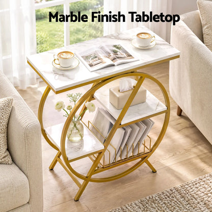 Artiss Side Table Marble Finish Coffee Table Nightstand Storage Shelf White&Gold - Image 8