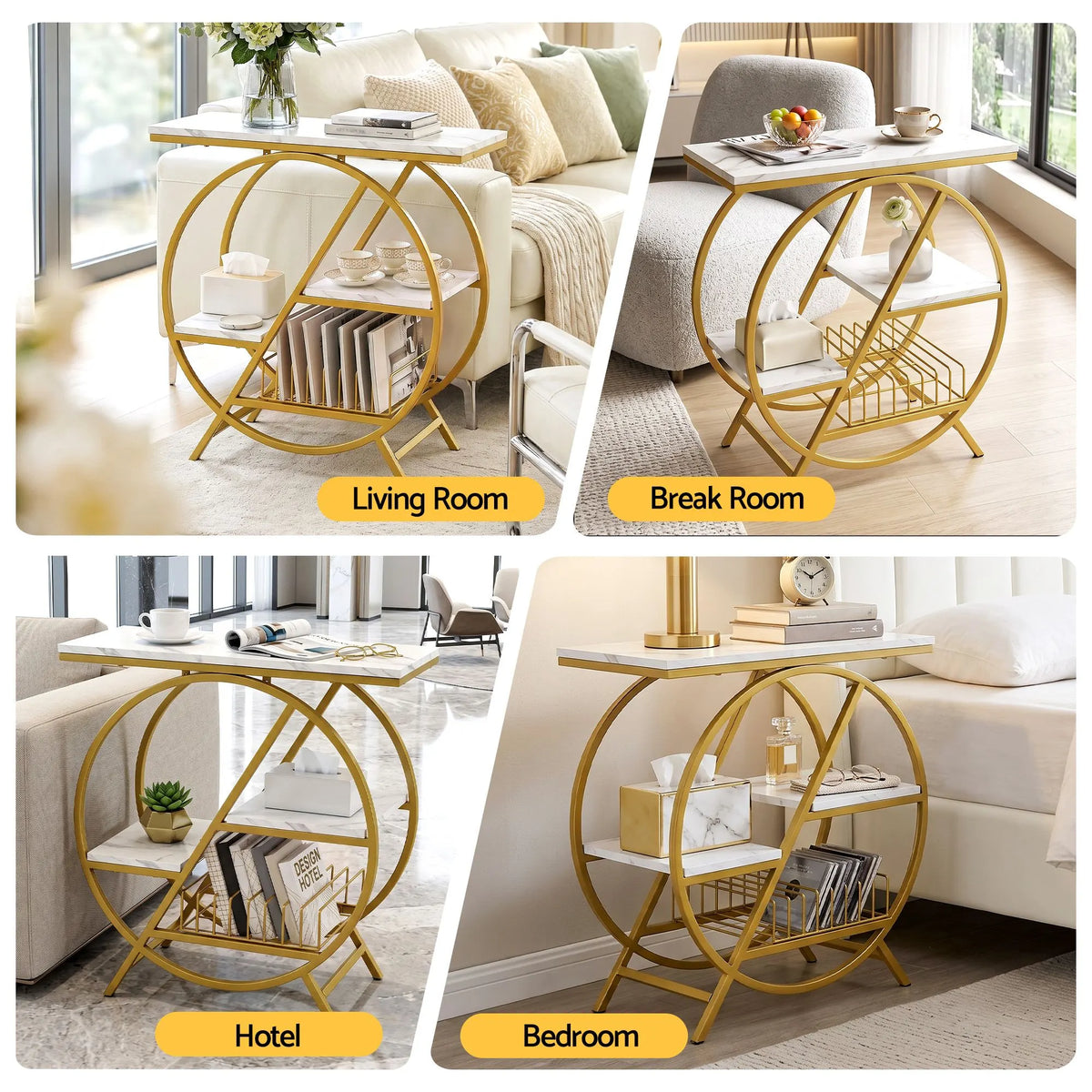 Artiss Side Table Marble Finish Coffee Table Nightstand Storage Shelf White&Gold - Image 9