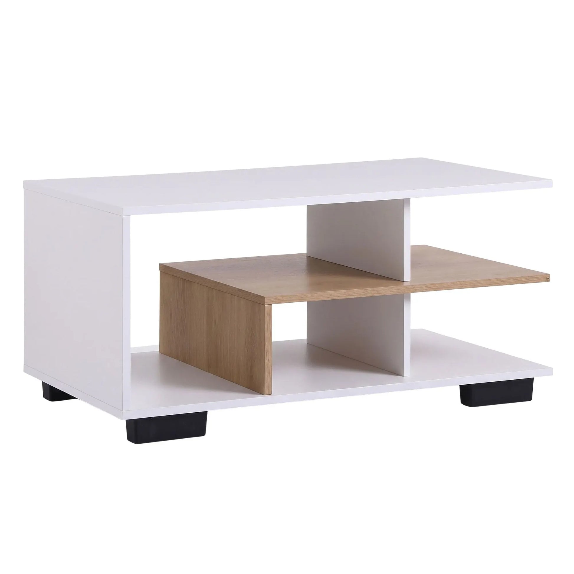 Artiss Coffee Table 90cm Center Table 3 Tier Open Storage Shelf Modern Living Room White & Wood - Image 2