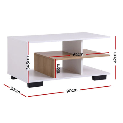 Artiss Coffee Table 90cm Center Table 3 Tier Open Storage Shelf Modern Living Room White & Wood - Image 3