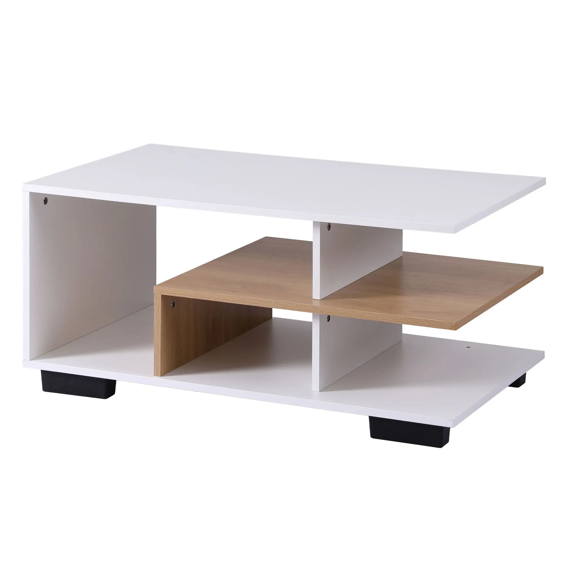 Artiss Coffee Table 90cm Center Table 3 Tier Open Storage Shelf Modern Living Room White & Wood - Image 4