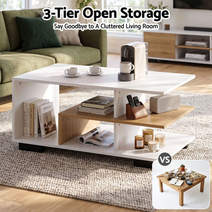Artiss Coffee Table 90cm Center Table 3 Tier Open Storage Shelf Modern Living Room White & Wood - Image 5