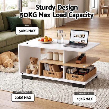 Artiss Coffee Table 90cm Center Table 3 Tier Open Storage Shelf Modern Living Room White & Wood - Image 6
