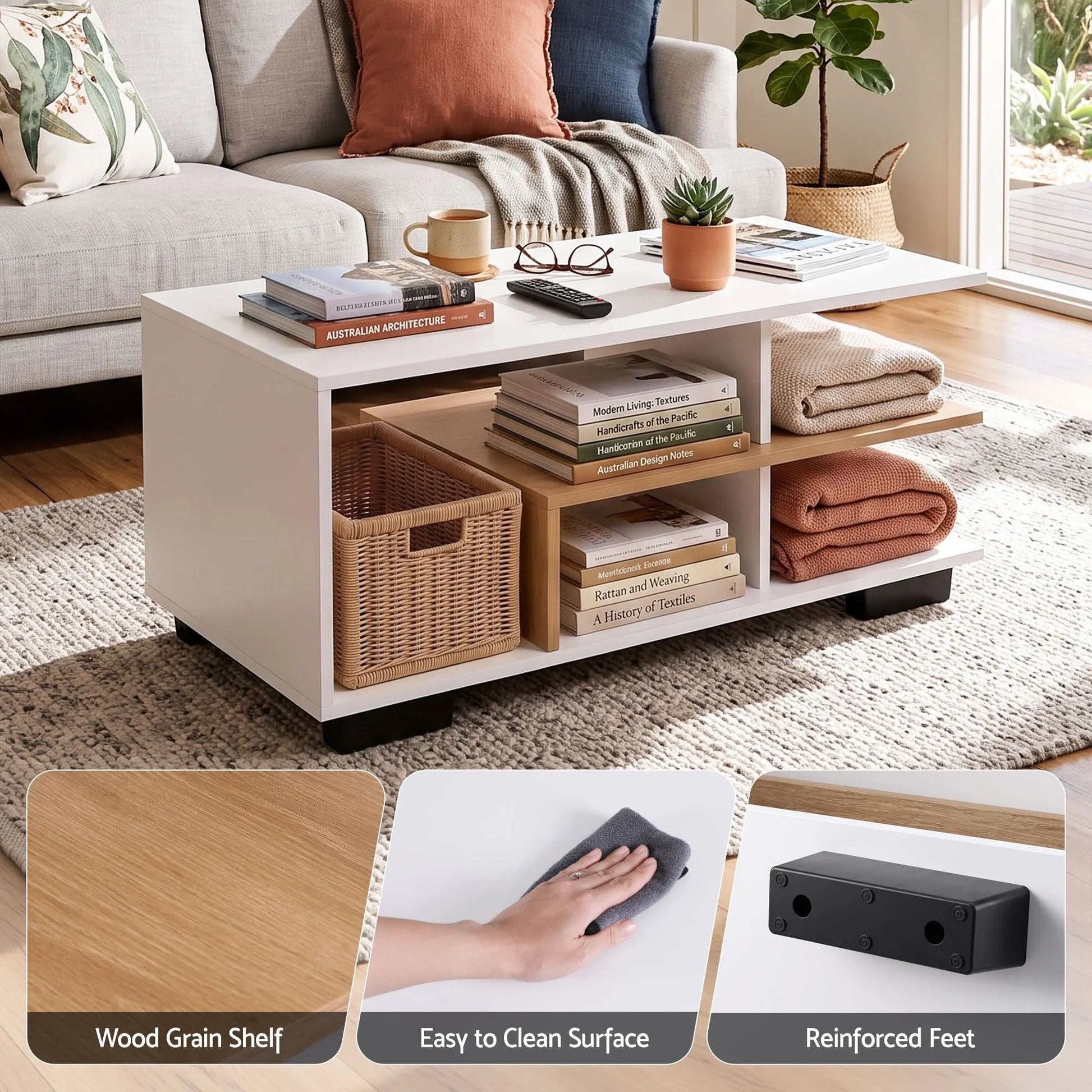 Artiss Coffee Table 90cm Center Table 3 Tier Open Storage Shelf Modern Living Room White & Wood - Image 7