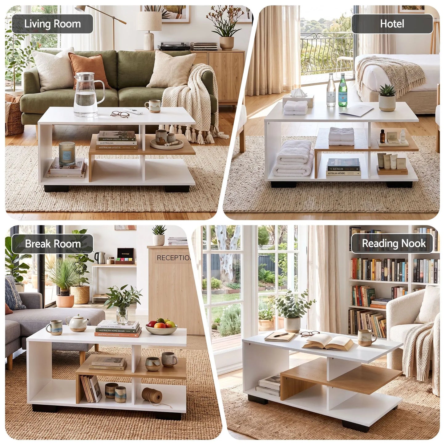 Artiss Coffee Table 90cm Center Table 3 Tier Open Storage Shelf Modern Living Room White & Wood - Image 8