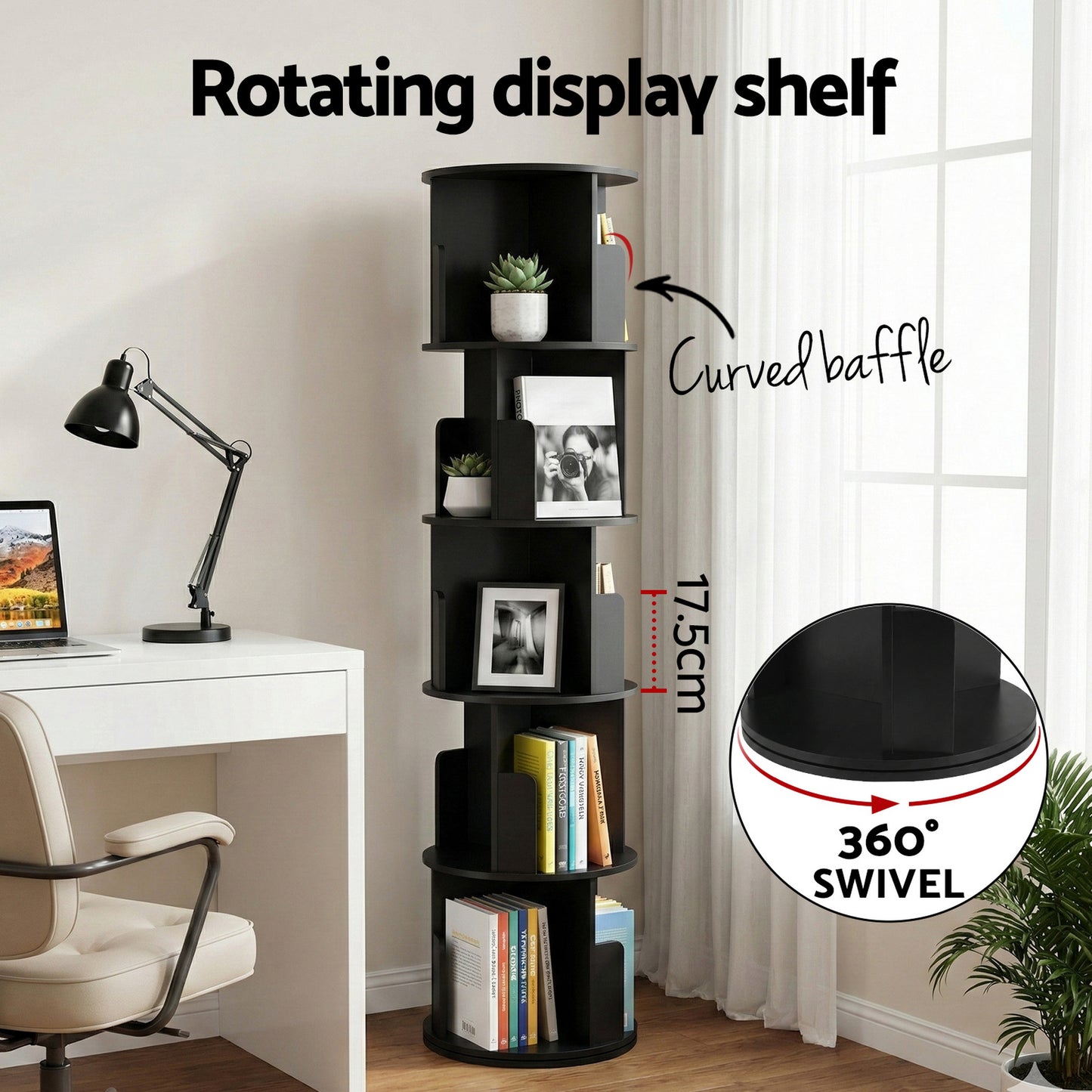 Artiss 5 Tiers Bookshelf Swivel Bookcase Display Shelves Stand Round Black - Image 5