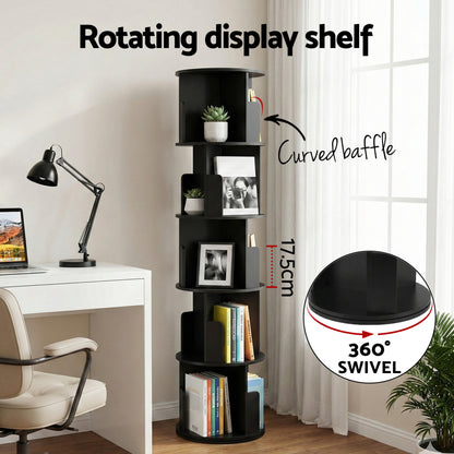 Artiss 5 Tiers Bookshelf Swivel Bookcase Display Shelves Stand Round Black - Image 5