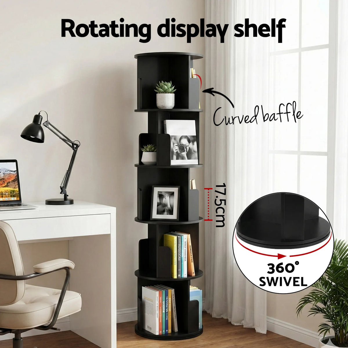 Artiss 5 Tiers Bookshelf Swivel Bookcase Display Shelves Stand Round Black - Image 5