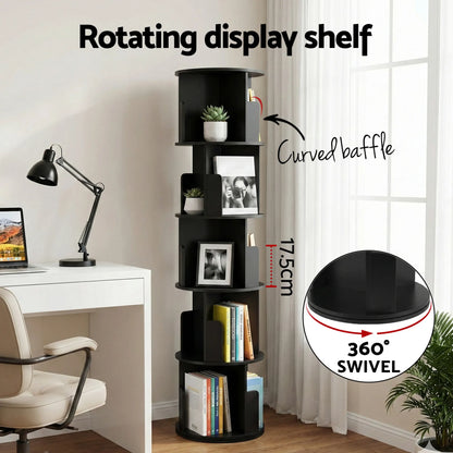 Artiss 5 Tiers Bookshelf Swivel Bookcase Display Shelves Stand Round Black - Image 5