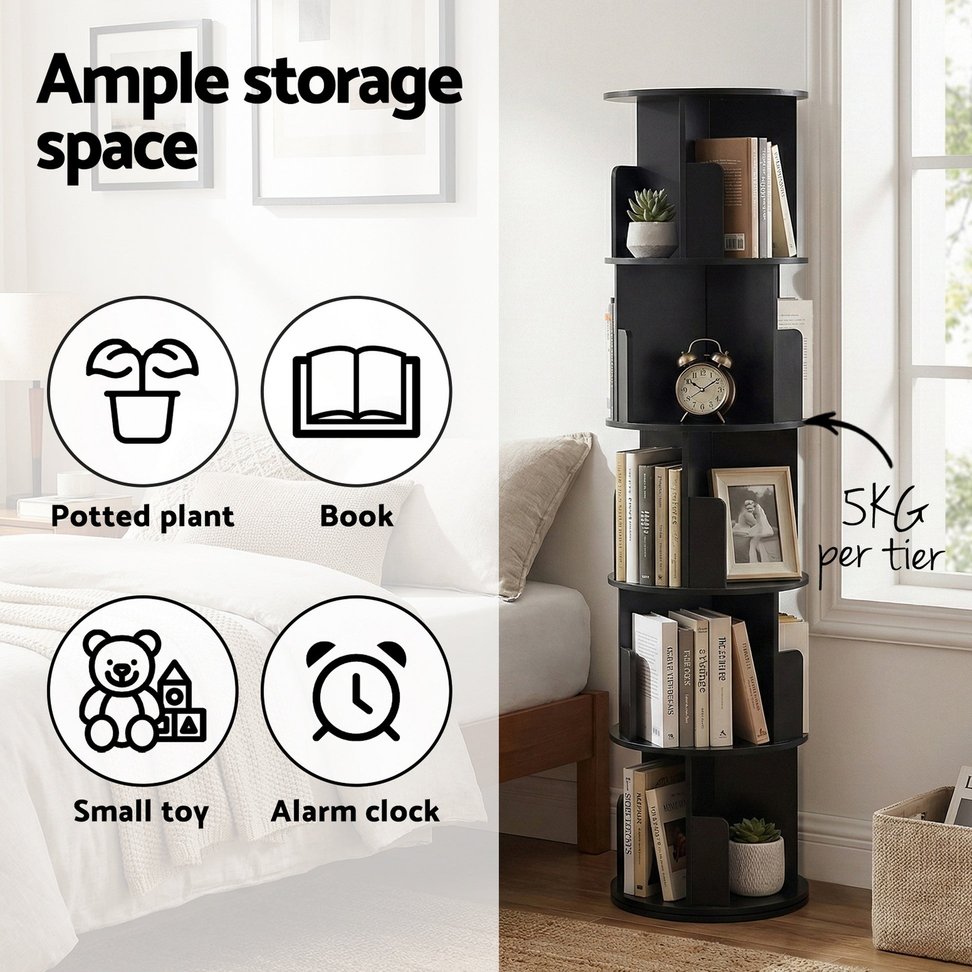 Artiss 5 Tiers Bookshelf Swivel Bookcase Display Shelves Stand Round Black - Image 6