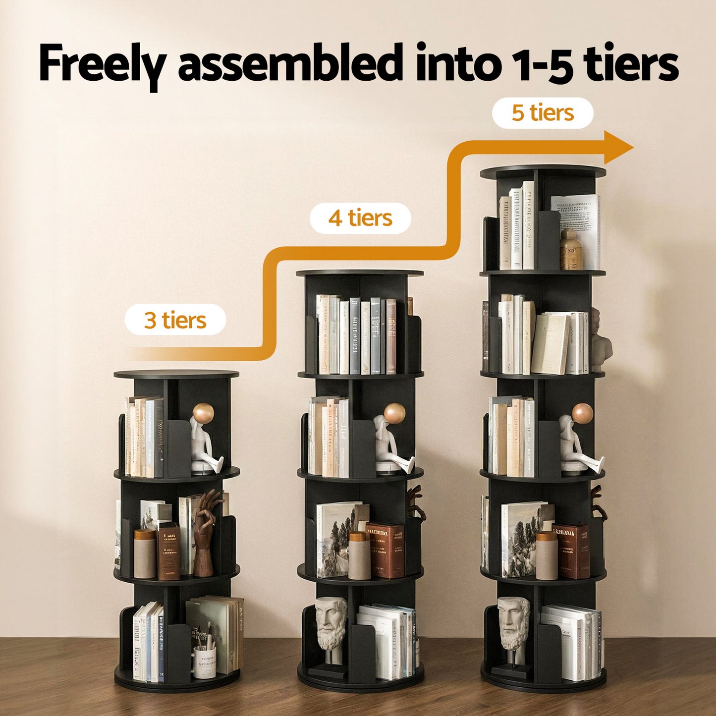 Artiss 5 Tiers Bookshelf Swivel Bookcase Display Shelves Stand Round Black - Image 7