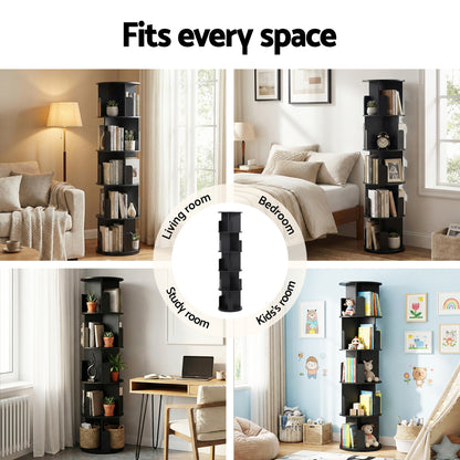 Artiss 5 Tiers Bookshelf Swivel Bookcase Display Shelves Stand Round Black - Image 8