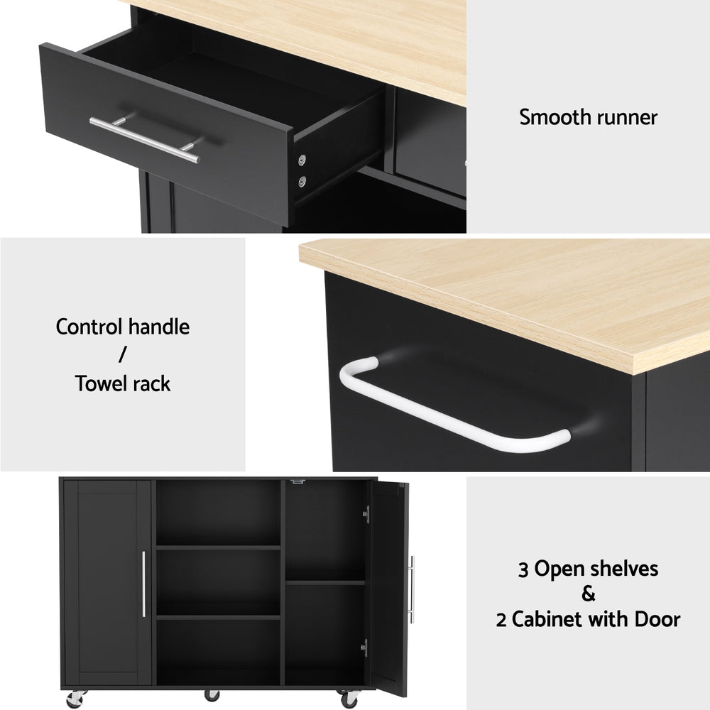 Artiss Kitchen Island Trolley Rolling Serving Cart Storage Drawer Cabinet 100cm Black - Image 7