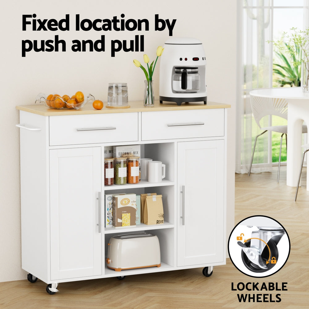 Artiss Kitchen Island Trolley Rolling Serving Cart Storage Drawer Cabinet 100cm White - Image 5